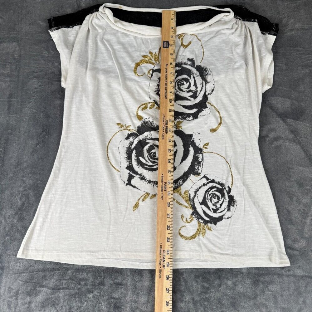 Hybrid Apparel Womens Top Size XL White Rose Graphic Gold Lace Back Biker Rock - Picture 2 of 6